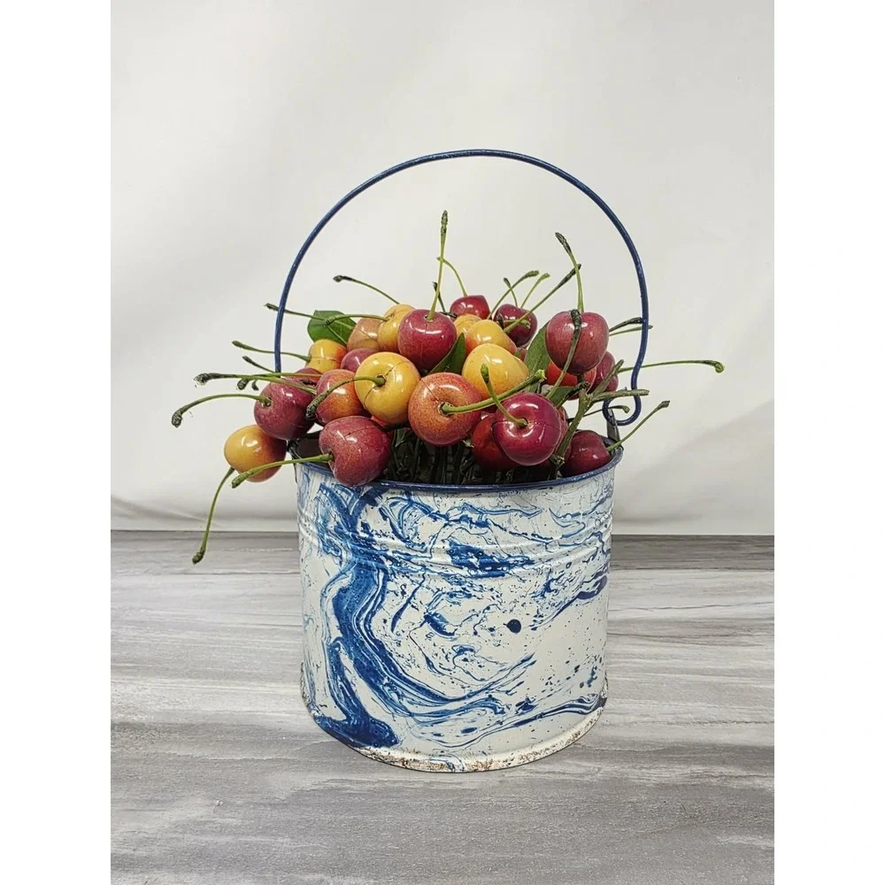 Artificial Cherries Fruit Decor Photo Props Red‎ Blue Metal Pail VINTAGE Granny